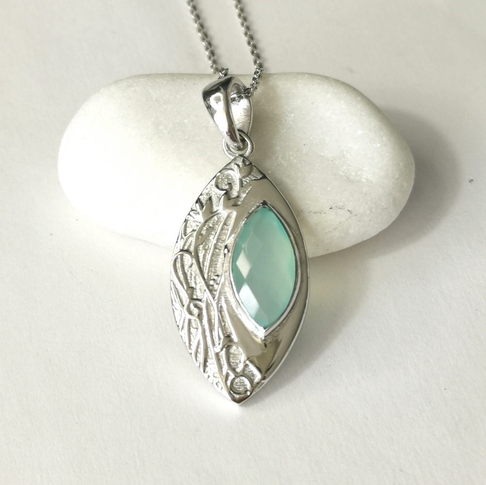 Aqua chalcedony pendant Necklace Art Nouveau Sterling Silver 🆕 - Picture 12 of 14